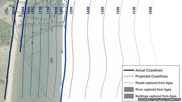 Map showing changes to Dunwich's coastline