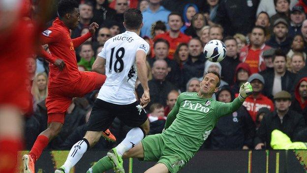 Liverpool striker Daniel Sturridge scores against Fulham