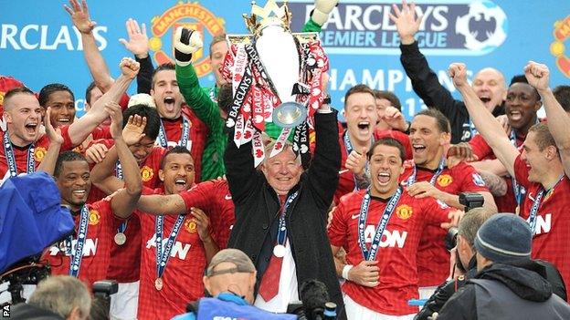 Sir Alex Ferguson lifts the Premier League trophy