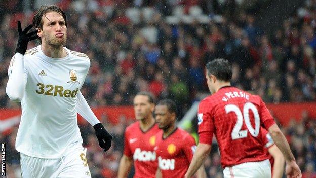 Miguel Michu celebrates his goal against Manchester United at Old Trafford