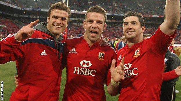 Jamie Roberts, Joe Worsley and Rob Kearney celebrate the Lions' third Test victory in 2009