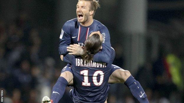 David Beckham and Zlatan Ibrahimovic celebrate PSG's title win