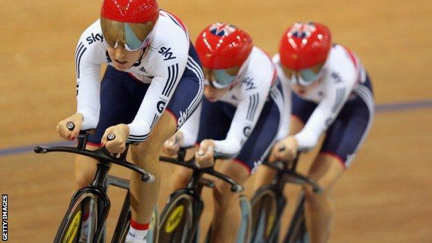 Dani King, Laura Trott and Elinor Barker celebrate winning the Women's Team Pursuit at the Track World Championships