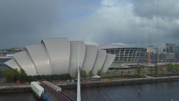 The tower is across the river from the Armadillo and the Hydro arena which is currently under construction