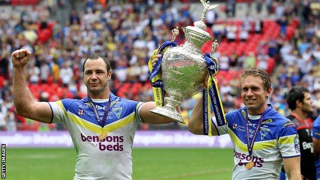 Warrington skipper Adrian Morley and Lance Todd Trophy winner Brett Hodgson pose with the Challenge Cup after their Wembley win over Leeds in 2012