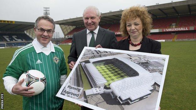 Environment Alex Attwood along with IFA President, Jim Shaw and Sports Minister Carál ní Chuilín at Windsor Park