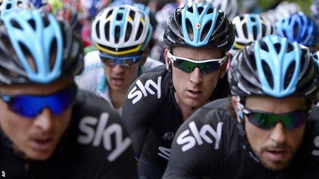 Sir Bradley Wiggins (second from right) and his Team Sky colleagues