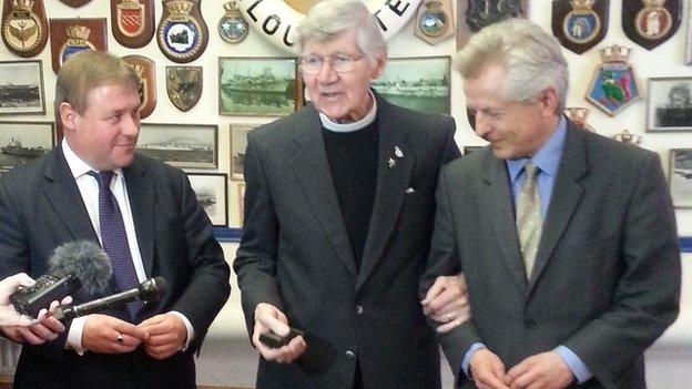 Mark Francois MP (l), Canon Bill Brassell and Richard Graham MP at the Arctic Medal award ceremony