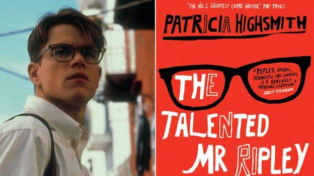 Matt Damon as Tom Ripley; book cover, "The Talented Mr Ripley"