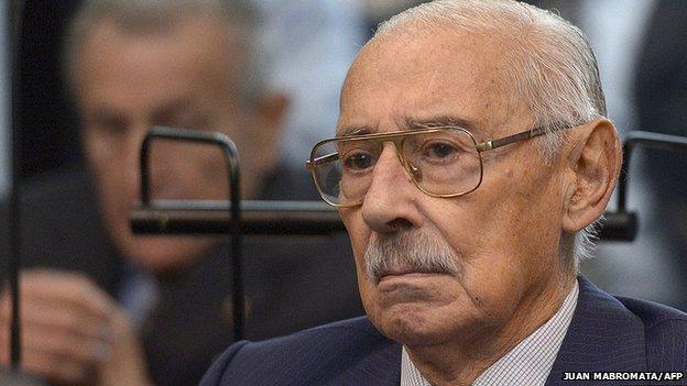 Former Argentine dictator and general, Rafael Videla, is seen during his trial to investigate the crimes committed during Operation Condor, a campaign established by Argentina, Chile, Paraguay, Brazil, Bolivia and Uruguay's dictatorships to quash the opposition during the 1970s, in Buenos Aires on March 5, 2013.