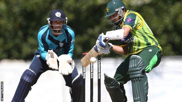 Pakistan's Saeed Ajmal bats against Scotland