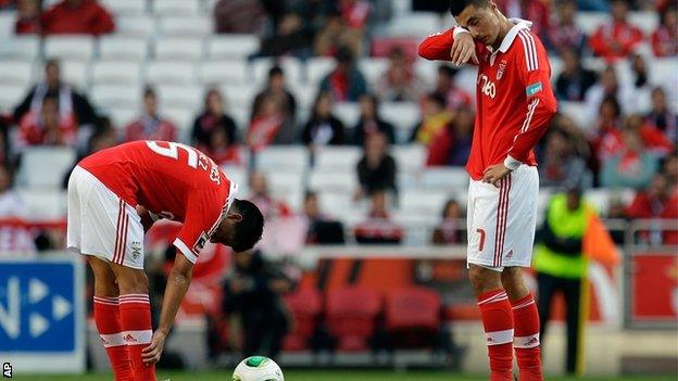 Benfica's Enzo Perez and Oscar Cardozo