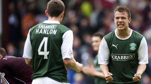 Hibs defender Paul Hanlon and team-mate Jordon Forster