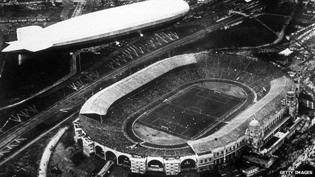 An aerial view of the Graf Zeppelin flying over Wembley Stadium during the 1930 FA Cup Final