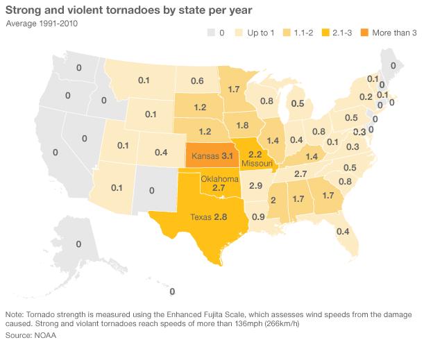 Map showing the number of strong tornadoes in the US by state