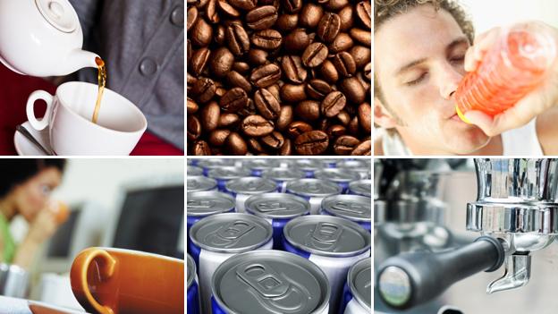 Tea, coffee beans, energy drink, espresso maker, cans of energy drinks, coffee