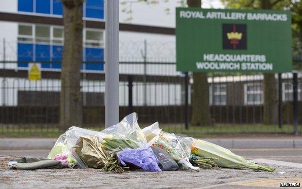 Floral tributes outside Woolwich Barracks