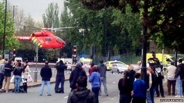 A helicopter landing in Woolwich, south London.