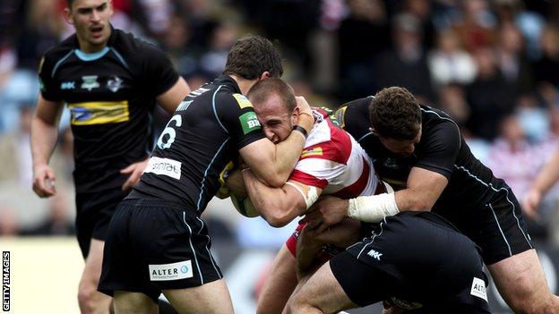 London Broncos tackle Wigan's Lee Mossop