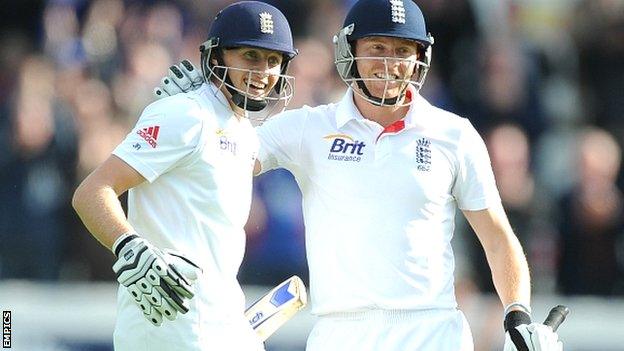 Yorkshiremen Joe Root (left) and Jonny Bairstow celebrate for England at Headingley