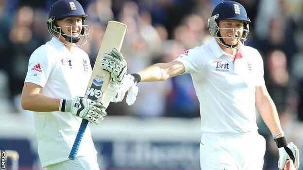 Joe Root (left) celebrates his maiden Test century with Yorkshire and England colleague Jonny Bairstow