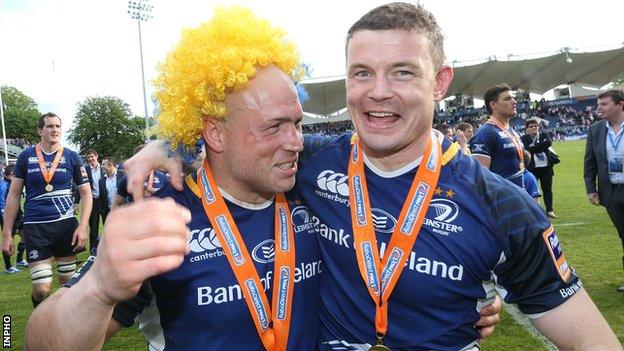 Brian O'Driscoll and Richardt Strauss celebrate after Leinster's Pro12 final victory