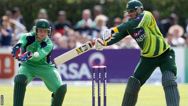 Irish wicket-keeper Gary Wilson prepares to catch the ball as Misbah-ul-Haq attempts a stroke in Sunday's game