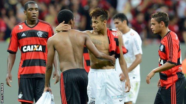 Neymar of Santos, says farewell to Flamengo players at the end of their Brazilian Championship match at Brasilia's National Stadium