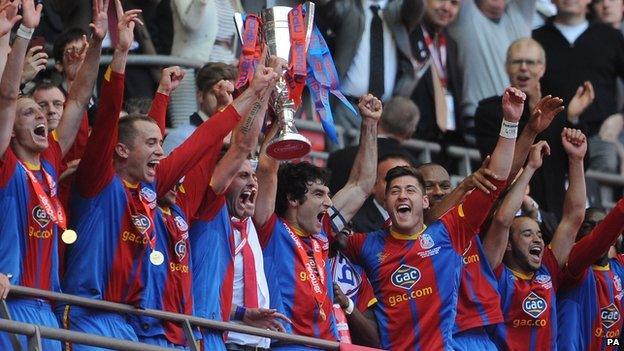 Crystal Palace players lift the trophy after being promoted to the Premier League.