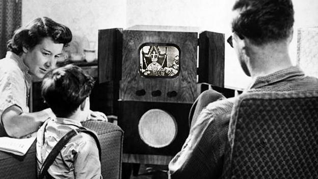 Composite image showing a family watching TV in the 1950s [image: Getty], with footage from the coronation superimposed on top