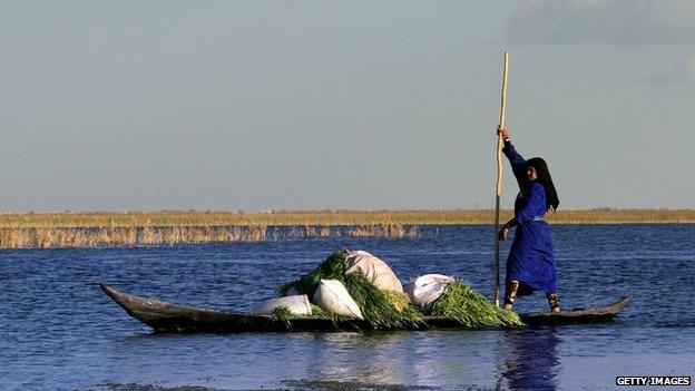 A woman rows a traditional boat in an Iraqi marsh