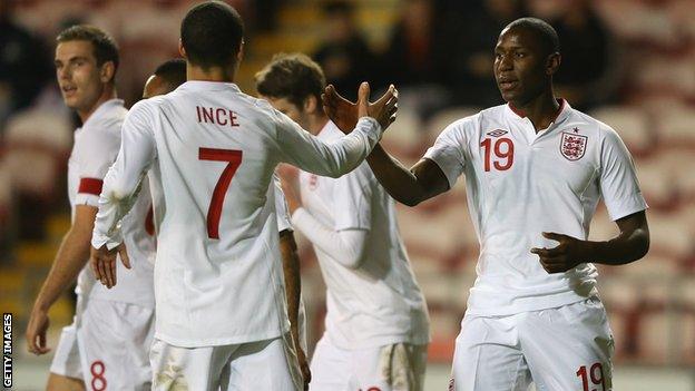 The England Under-21 team celebrate a goal