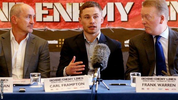 Carl Frampton with manager Barry McGuigan and promoter Frank Warren