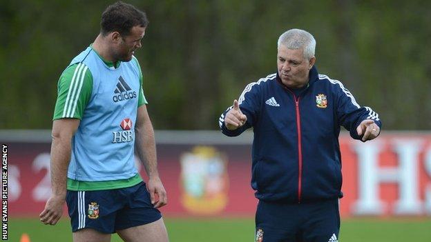 Lions coach Warren Gatland with Jamie Roberts