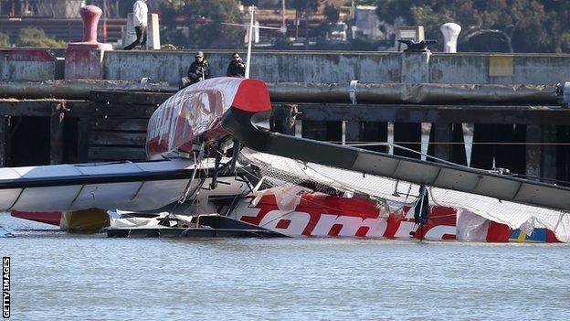 Catamaran Artemis capsized in San Francisco Bay