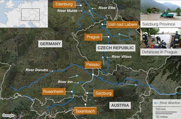 Map showing the rivers causing flooding in central Europe