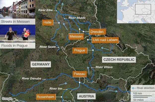 Map showing the rivers causing flooding in central Europe