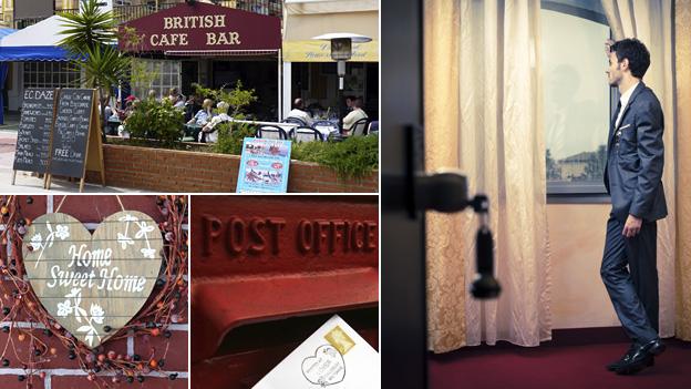 Composite image featuring, clockwise from top left: A British cafe-bar in Spain, a man looking wistfully through a hotel window, a letter being posted and a sign reading "Home Sweet Home"