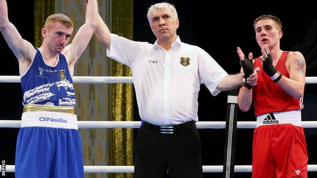 Ireland's Paddy Barnes is declared the winner over John Williams of Wales