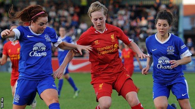 Alex Greenwood (left) of Everton Ladies FC in action with Natasha Dowie of Liverpool Ladies