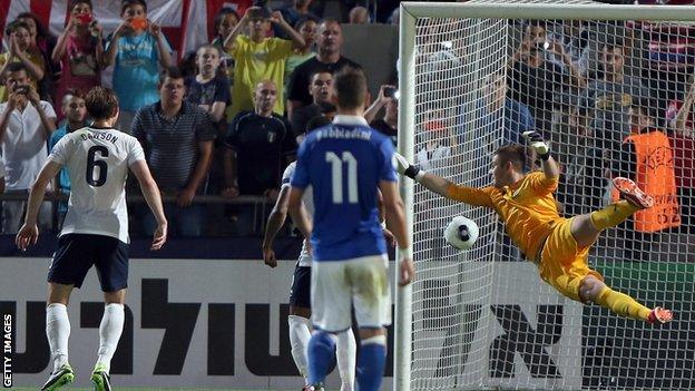 England's Jack Butland tries to save Italy's free-kick