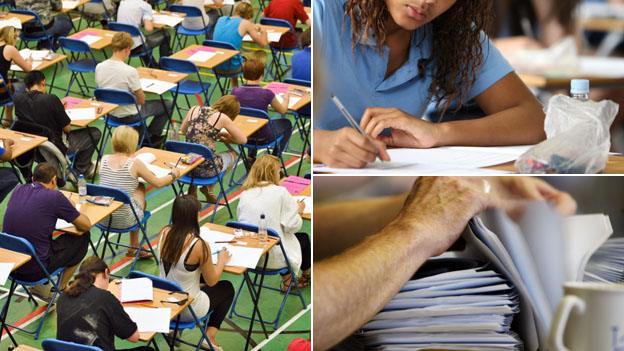 Students doing exams, filling in and sorting application forms