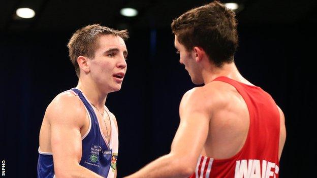 Michael Conlan shakes hands with Welsh man Andrew Selby after the flyweight final in Minsk