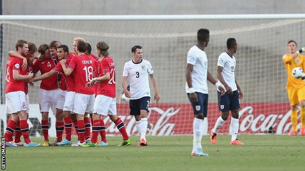 Fredrik Semb Berge of Norway celebrates scoring the first goal against England Under-21s