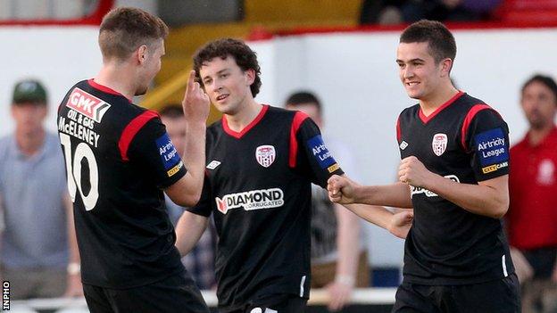 Michael Duffy (right) celebrates his Derry winner at Tolka Park