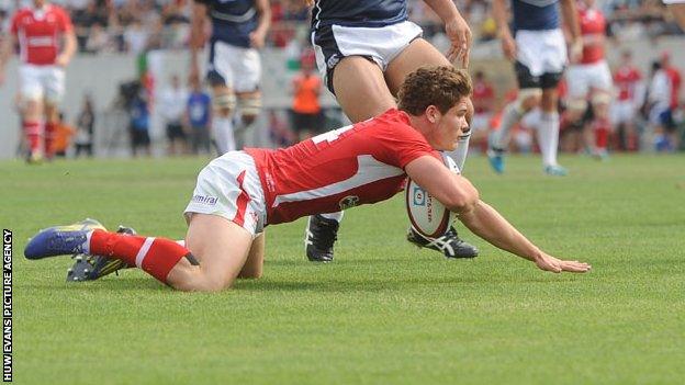 Cardiff Blues wing Harry Robinson dives over for a try for Wales in the 22-18 win over Japan in Osaka