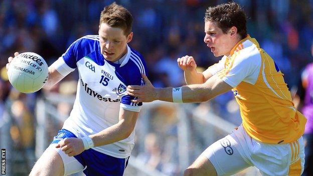 Conor McManus tries to get away from Kevin O'Boyle at Casement Park