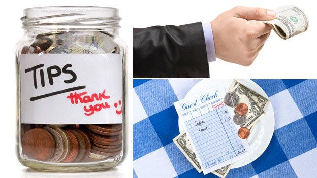 Tip jar, man with dollar bills, plate with loose change