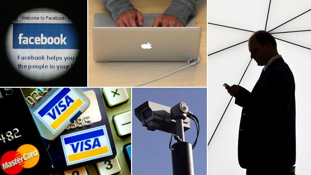 FAcebook symbol, laptop user, man with mobile phone, CCTV, credit cards