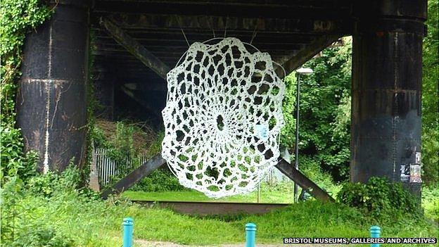 Guerrilla crochet under Stapleton railway bridge in Bristol